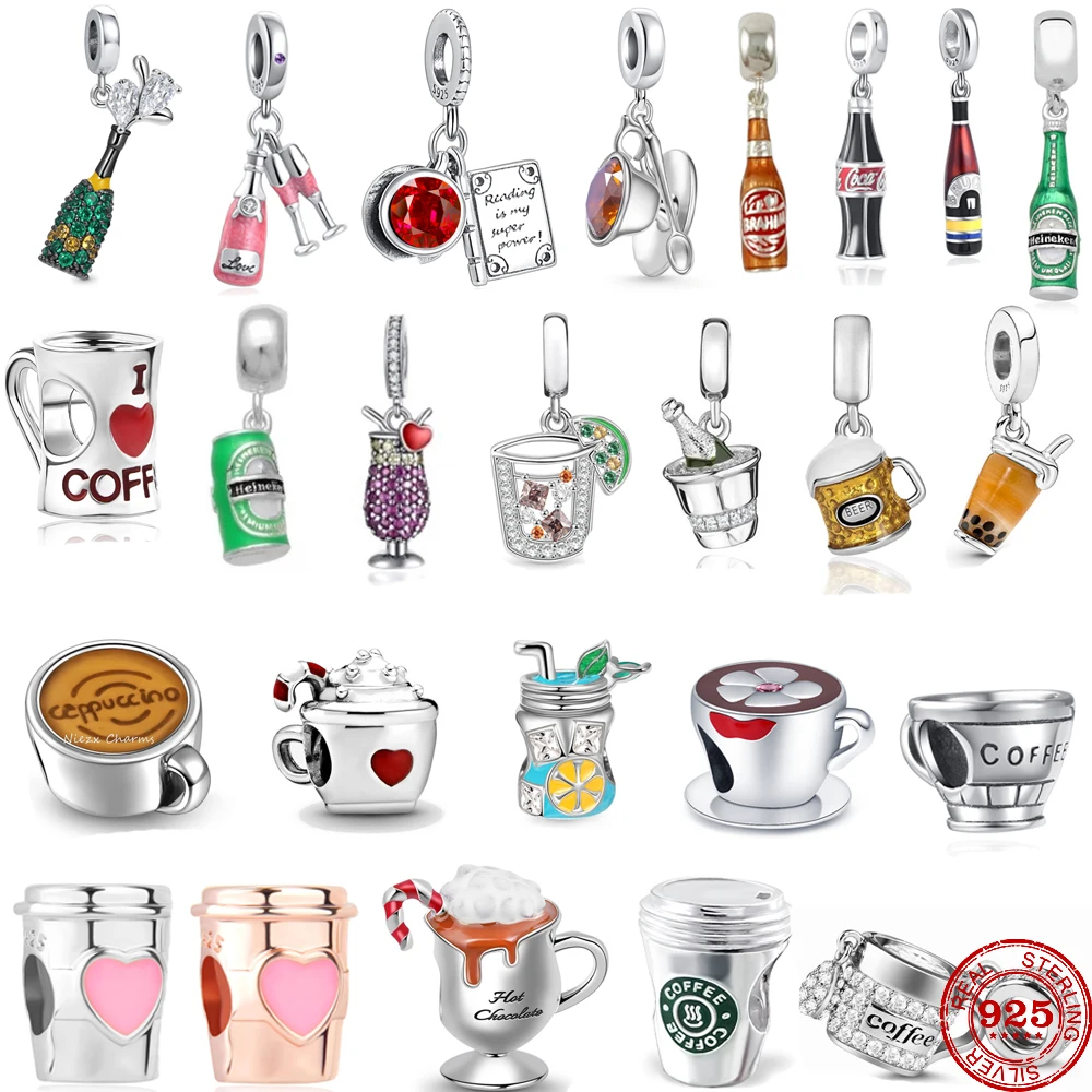 

925 Sterling Silver Coffee Red Wine Coffee Glass Maker Champagne Charms Bead Fit Original Pandora Bracelet DIY Jewelry For Women