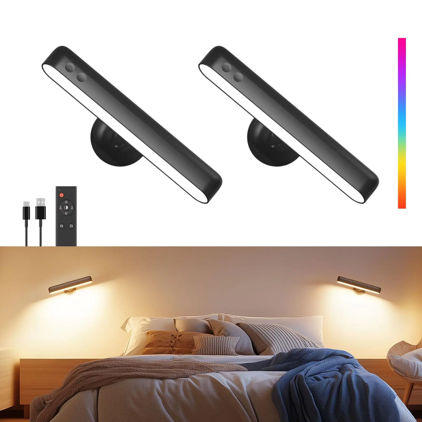 

2 pieces of rechargeable LED wall lamps, bedroom, study, wall lamps with remote control and touch