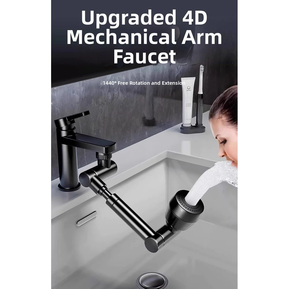 Rotatable Retractable Faucet Extension Arm 1440 Degree Rotation 3 Spray Settings for Basin Kitchen Laundry Faucets Black