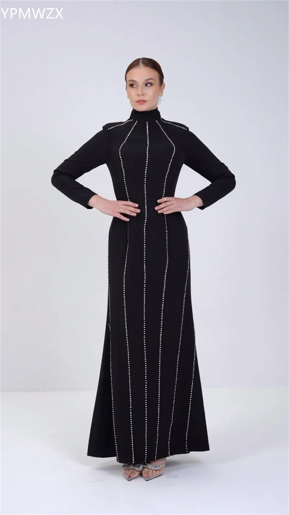 YPMWZX-Robe de Soirée Personnalisée pour Femme, Tenue de Bal, Sirène, Col Haut, Longueur au Sol, avec Perles, sur Mesure