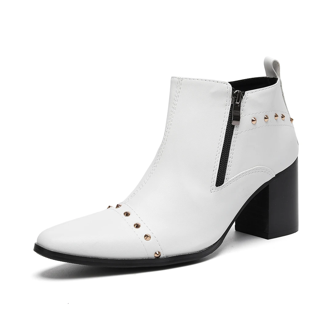 

Модные белые мужские ботильоны из натуральной кожи с заклепками на высоком каблуке, джентльменские модельные туфли, мужские короткие вечерние ботинки с острым носком
