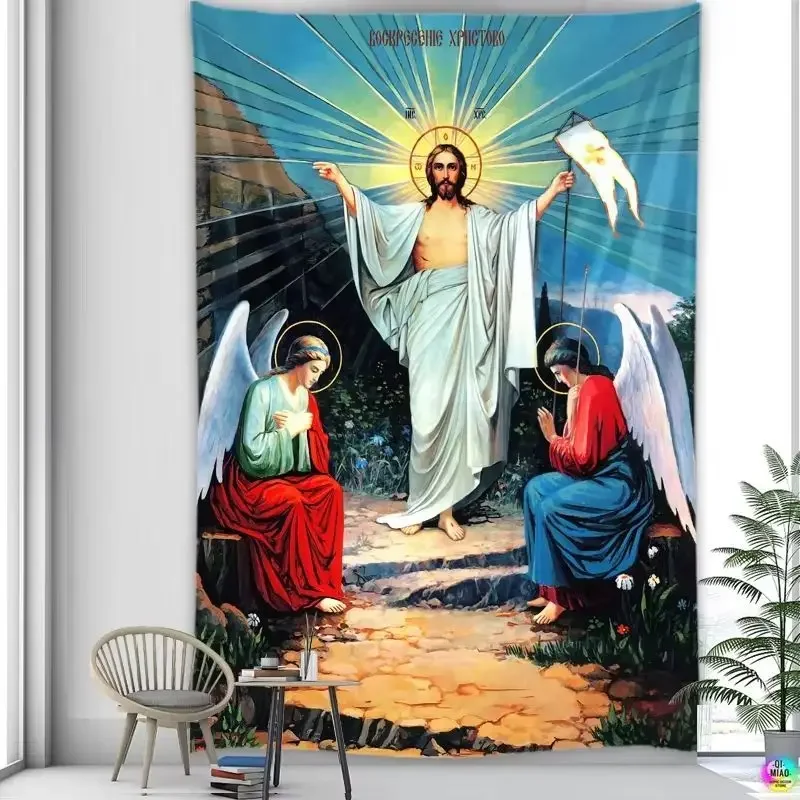 VIKAMA Orthodox Jesus Resurrection Tapestry Christian Religious Icon Wall Hanging Art for Church Living Room Bedroom Decor