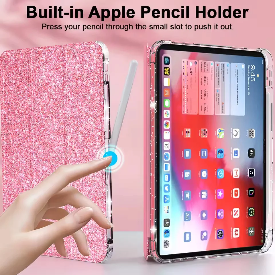 

iPad 10th 11th Gen Case Only for A16 2022 Pencil Holder Sparkle Glitter Tri Fold Auto Sleep Slim Cover with Clear Back iPad 10
