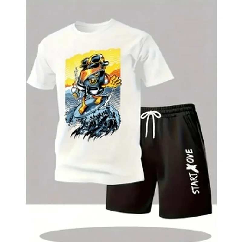 

Summer men's casual short-sleeved T-shirt and shorts sports outfit - comfortable printed lightweight quick-drying set