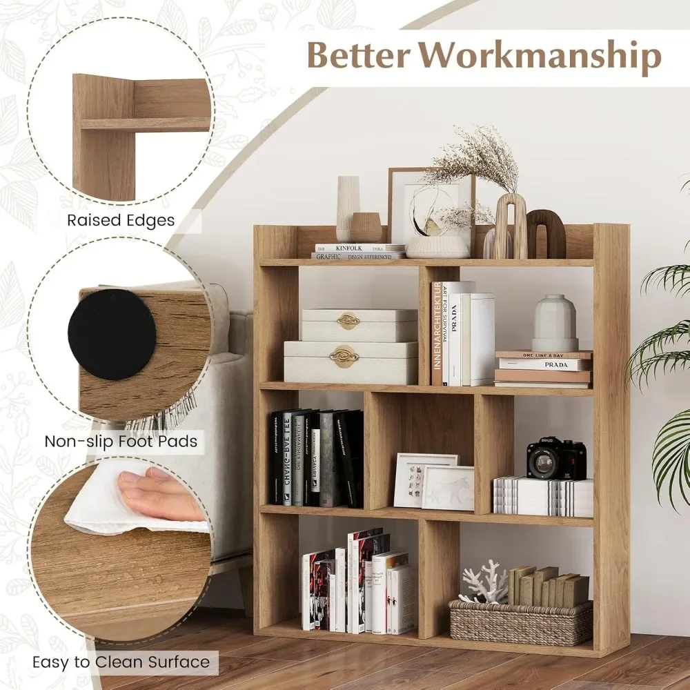 رف كتب خشبي قائم بذاته، 7 مكعبات، 4 طبقات، وحدة تخزين أفقية لرف المنزل مع أجهزة مضادة للانزلاق