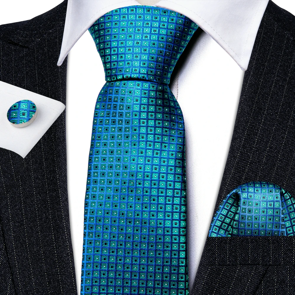 Designer Silk Men Neck Tie Set Blue Teal Green Plaid Tie Handkerchief Cufflinks Wedding Business Gift Dropship Barry. Wang A5983