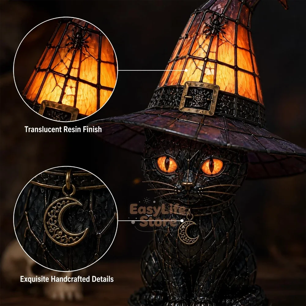 Stained Glass Witch Hat Lamp, Vintage Halloween Table Decor Stained Glass Lamp – Handcrafted Resin Gothic Wizard Accent Lamp