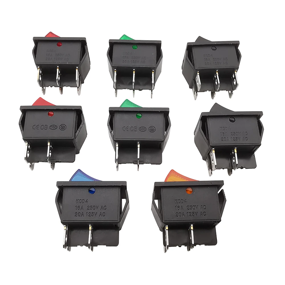 1Pcs KCD4 Latching Rocker Button Switch With Light Power 4 Pin 6 Pin 16A 250VAC 20A 125VAC ON-OFF / ON-OFF-ON 31x25mm