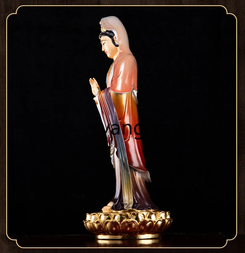 LTT pure copper painted Guanyin Bodhisattva Buddha statue standing statue, household worship bronze statue ornament