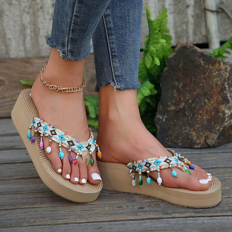 Bohemian Style Tassel Slippers for Women 2026 Summer New Household Flat Thicken Flip-flops Good-looking Print String Bead Shoes