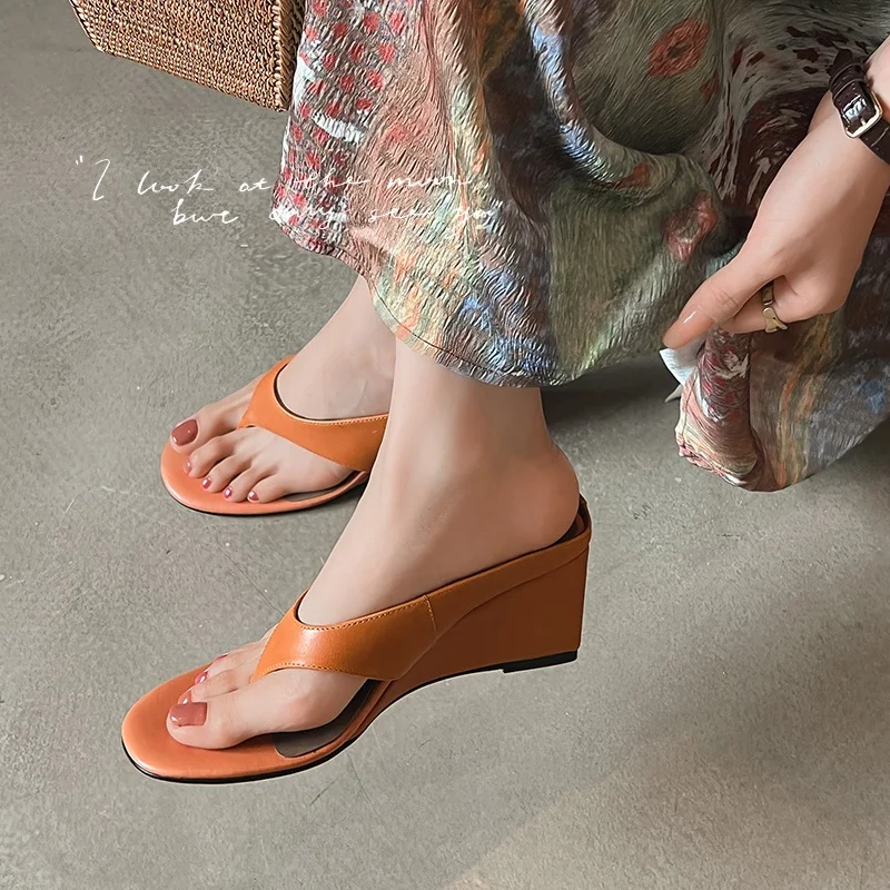 

Women's Summer Shoes Wedge Slippers Flip FlopsCowhide Casual Sandals Open Toe Leather Sandals Orange Beige Footwear