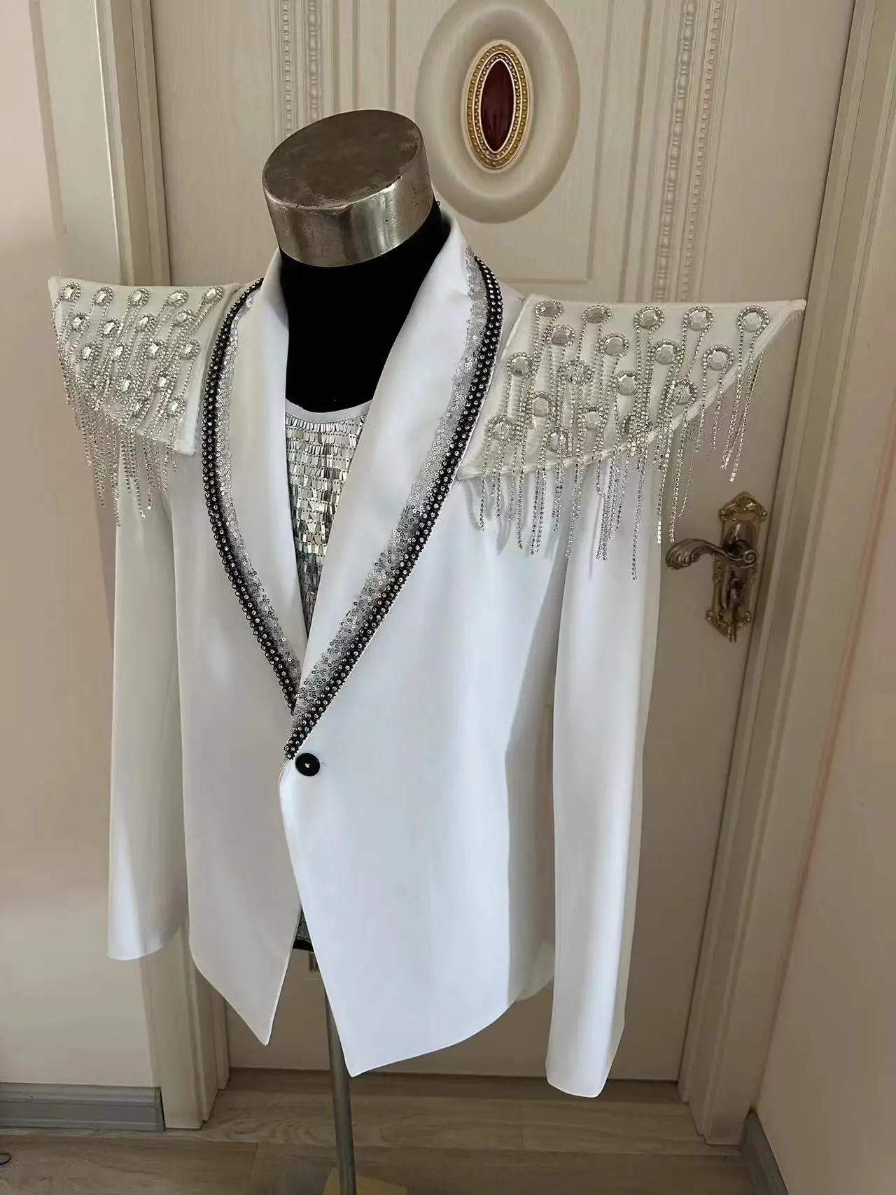 Handmade Male Female Chain Epaulet Tassel Jacket Stage Show Performance Sequins Costumes Nightclub Bar Male Singer Dance Wear