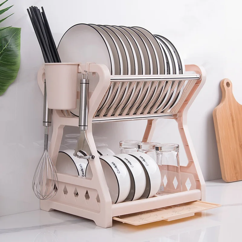 Dish Drying Rack for Kitchen Storage, Double Layer Drainer Shelf, Knife Fork Container, Holder, Cutting Board Stand