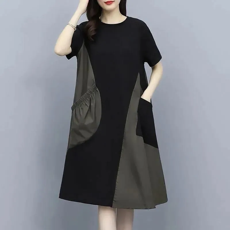 Vestido de Verano con Bloques de Color, Manga Corta, Hoado, Cintura Alta, Falda en Línea A, Estiliza y Cubre el Abdomen, Nu...