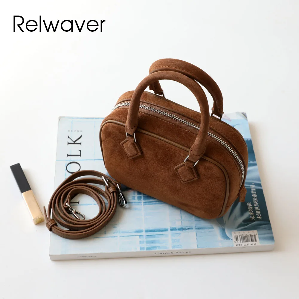 Relwaver women Boston bag genuine leather sheep suede 2025 spring mini handbag chic shoulder bag small crossbody bags for women