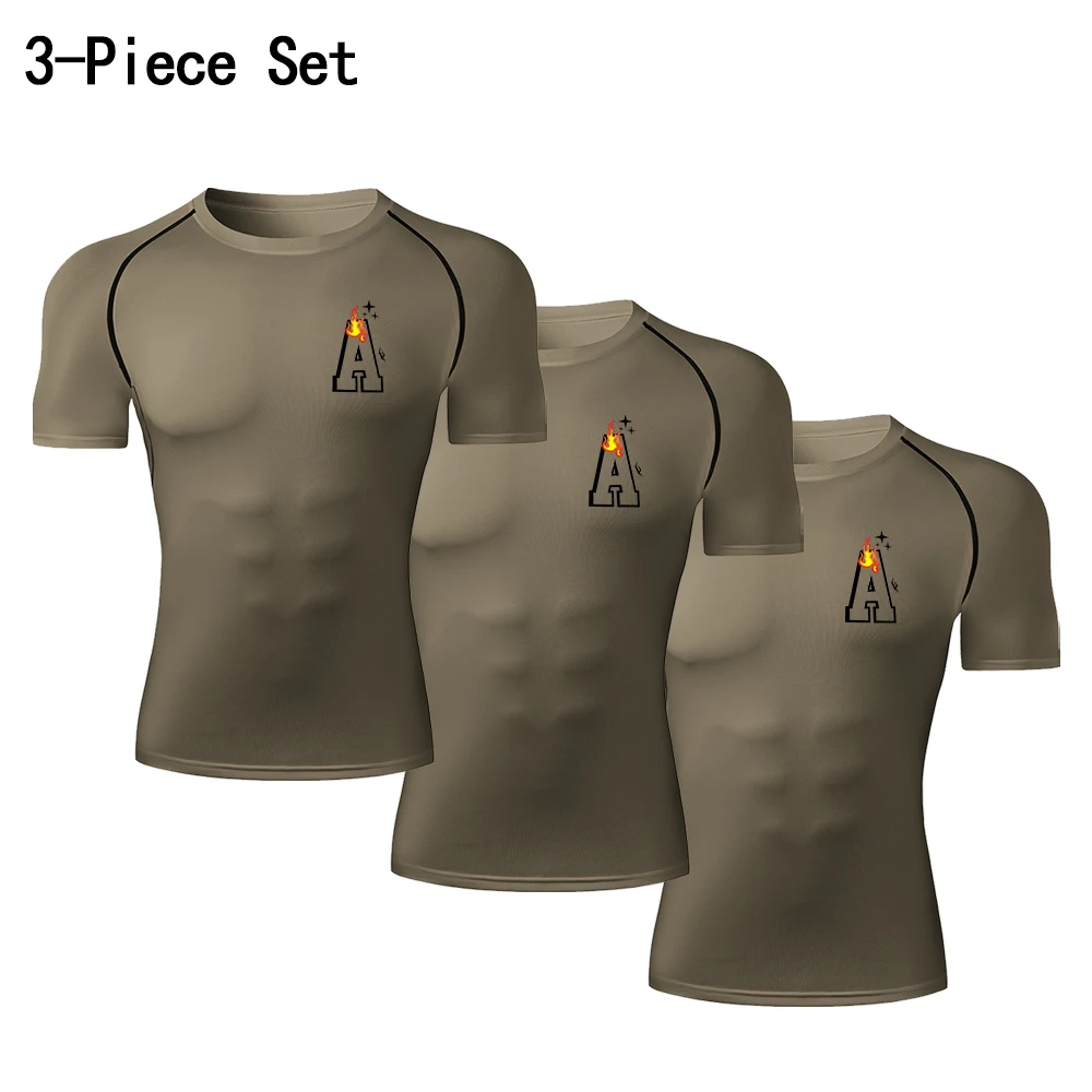 Men's 3-Pack Compression Short Sleeve T-shirts Letter A Flame Print Quick Dry Workout Training Shirts Running Fitness Gym Tops