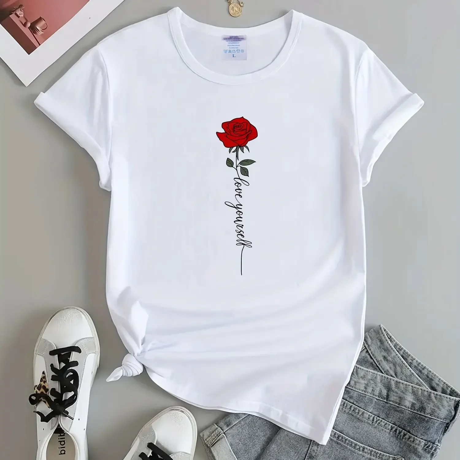 Letter & Rose Print T-Shirt Crew Neck Short Sleeve T-Shirt Casual Every Day Tops Women\'s Clothin Women Clothes