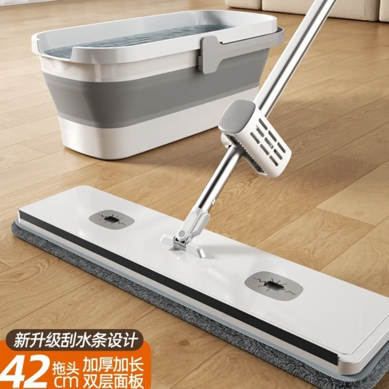 Self Wringing Flat Mop 38cm Microfiber Floor Mop With Collapsible Bucket For Tile Hardwood Household Cleaning