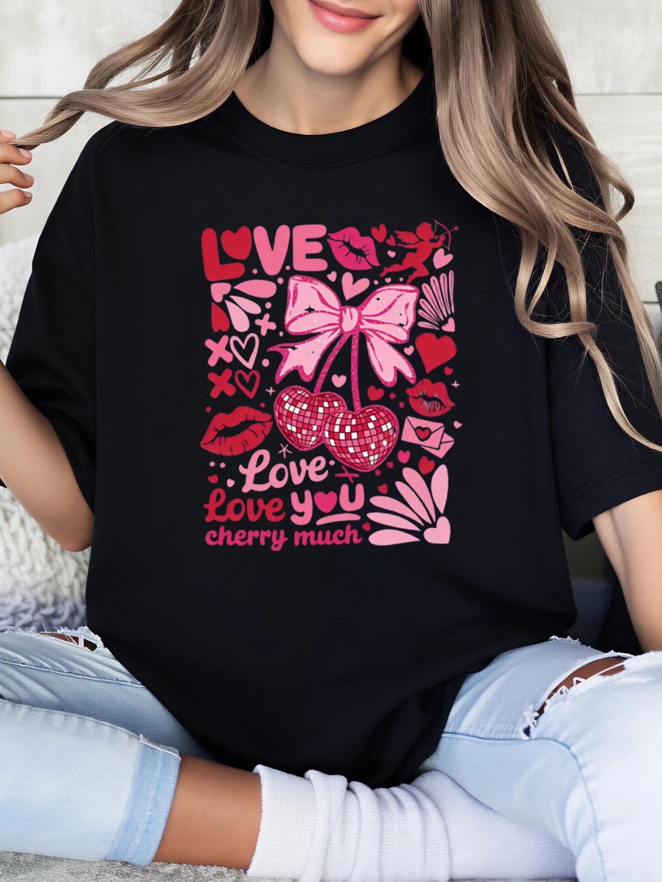 

Love You Cherry Much Heart Bow Lips Print Valentine's Day T-Shirt Women Casual Wear Black Plus-Size