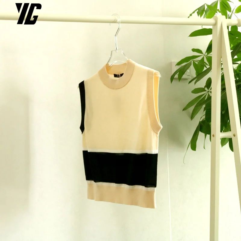 YG 2024 Summer Autumn Tops Female Korean Fashion Slim Chic Color Contrast The Style Pullover Tops Stripe Sweater Elastic Vest