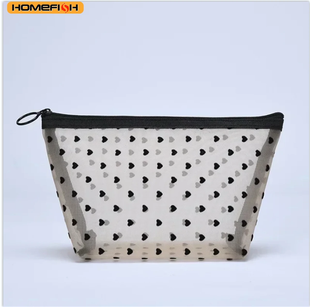 HOMEFISH Heart Pattern Transparent Mesh Cosmetic Bag, Portable Multifunctional Toiletry Pouch for Women Lipstick Storage
