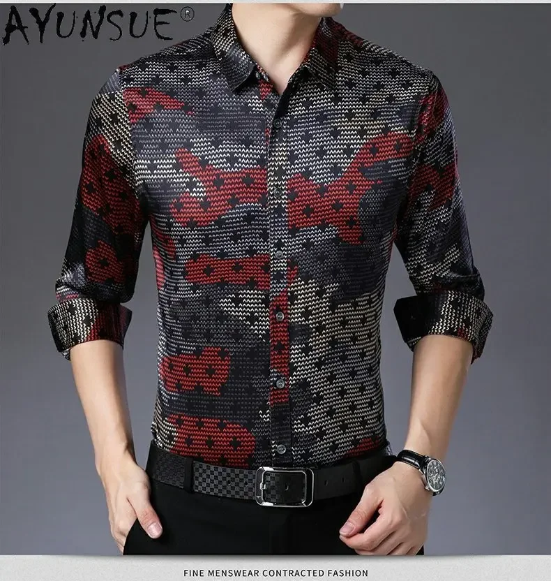 AYUNSUE Silk Long Sleeved Shirt Men's Mulberry Silk Loose Fashion Printed Shirt for Men Loose Casual Tops Men's Clothing Camisa