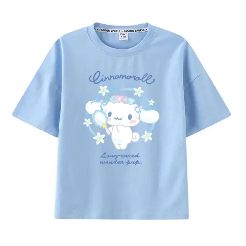 

Sanrio My Melody Kuromi Cinnamoroll Short Sleeve Kawaii T-Shirt Girl Cartoon Summer Pure Cotton Loose Children's Top Clothing