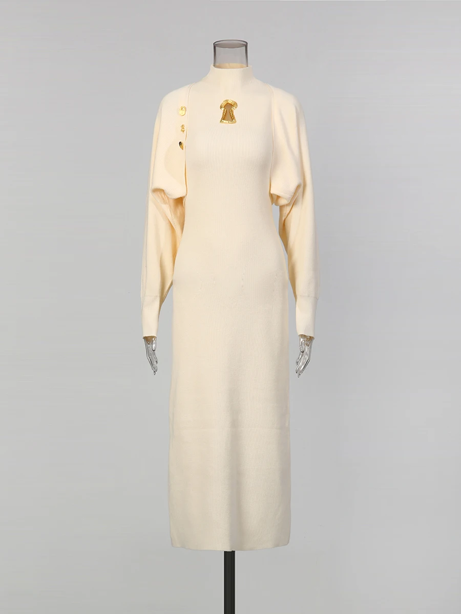 Twotwinstyle emagrecimento emendado botões de metal vestidos para mulheres em torno do pescoço sem mangas vestido retalhos xale vestido elegante feminino