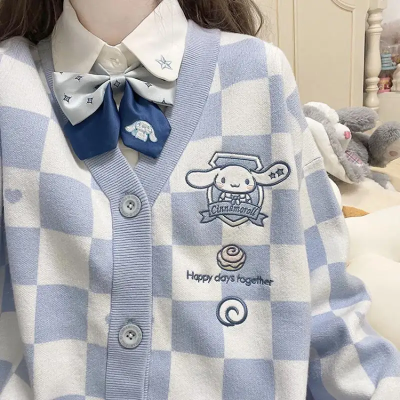 Kawaii Sanrio Cinnamoroll Plaid Sweater Cartoon My Melody Kuromi Pompom Purin Girl Cardigan Loose Top Coat Knitted Sweater Gift