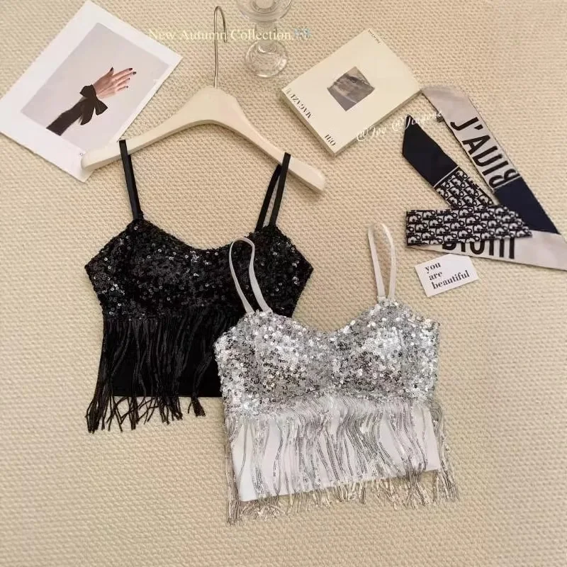 Shiny Sequin Strap Crop Top Women's Sleeveless Shiny Sequin Prevent Exposure Base Layer Tube Top Knitted Regular Thickness
