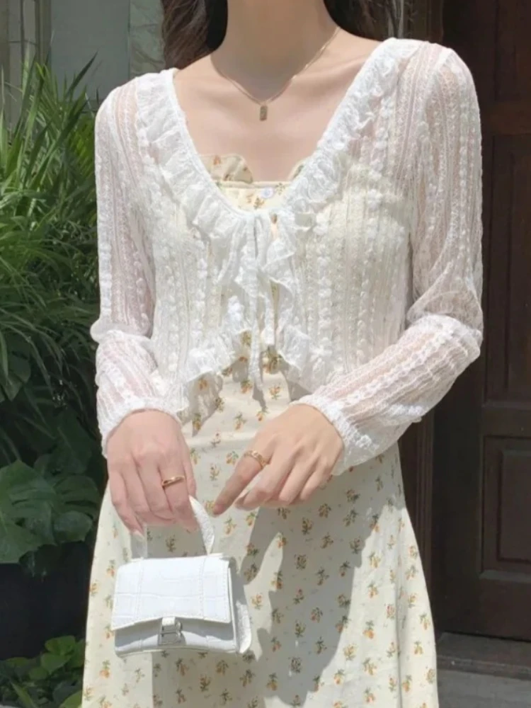 

Женские солнцезащитные куртки с V-образным вырезом, милые, с длинным рукавом, тонкая верхняя одежда в корейском стиле, укороченные, стильные, летние, мягкие, с оборками, очаровательные, шикарные, для отпуска