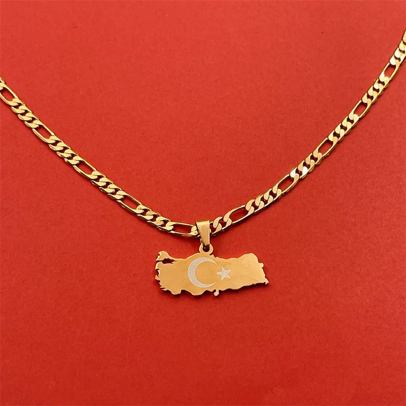 Gold plated Türkiye Star Moon Map Necklace Stainless Steel Etching Craft Ethnic Style Men and Women Versatile Necklace Jewelry