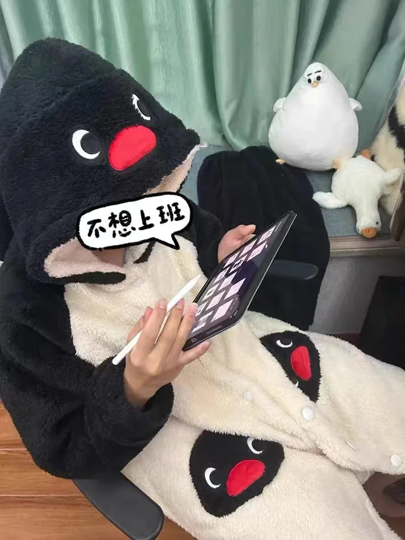 Ins Penguins Plush Pajamas Pants Unisex Flannel Winter Thicken Velvet Keep Warm Long Sleeve Adult Children Home Suit Sleepwear