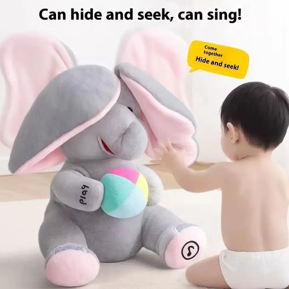 Brinquedo de pelúcia de elefante Peekaboo, brinquedo sensorial de bebê com orelhas felpudas com música, brinquedo de aprendizagem educacional macio