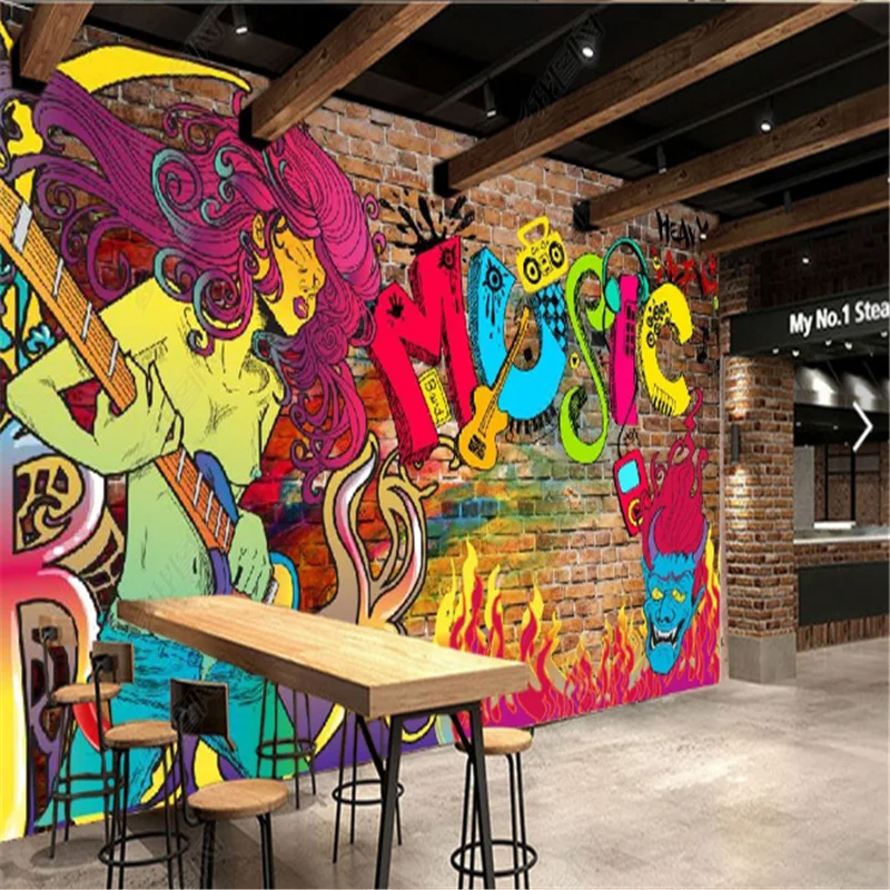 

Retro Nostalgic Mural Wallpapers Industrial Decoration Guitar Rock Girl KTV Bar Background Wall Paper papel de parede 3D