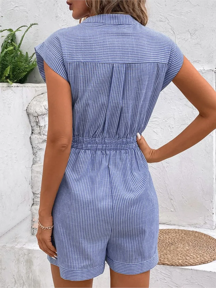 Elegant Office Lady Playsuits 2024 New Summer Women's Pinstripe Short-sleeved Lace Up Pockets Jumpsuits For Women Casual Clothes