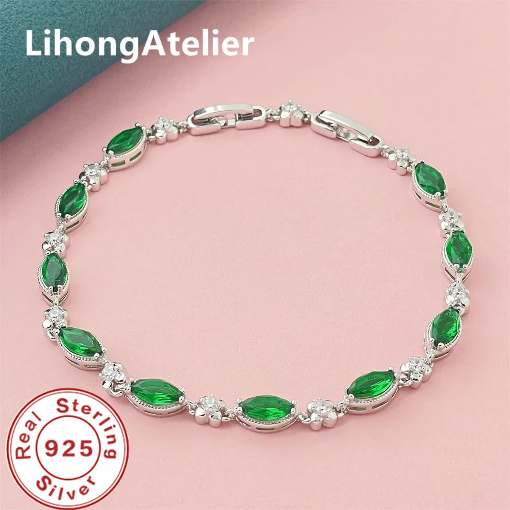 

925 Sterling Silver Bracelet Zircon Green Shiny Bracelet Women Party Wedding Jewelry Gift