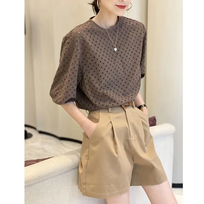 Summer 2023 New Heavy Industry Embroidery Hollow T-shirt Women's Set Medium Sleeve Top Wide Leg Shorts Two-piece Shorts Set