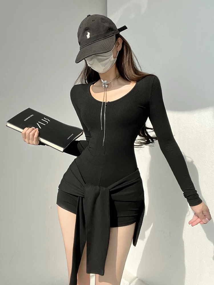 韓国風漫画風カーブロングレッグラップウエストベルト付きツーピーススーツ風レディース秋冬セクシーなワンピースパンツ