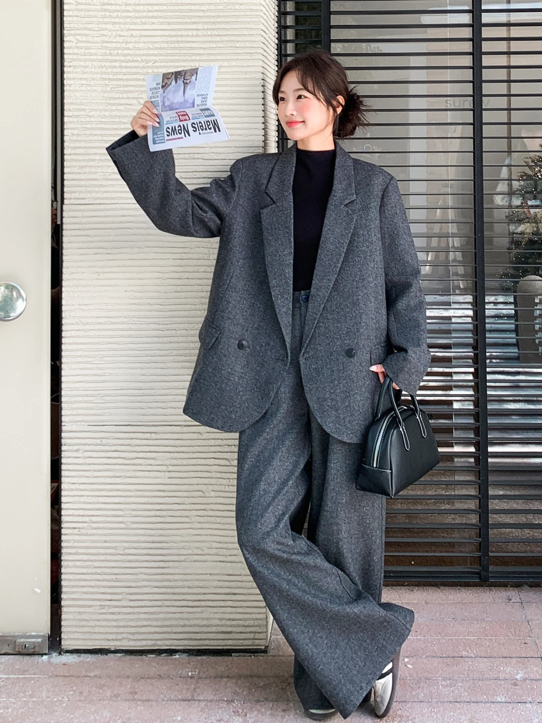 

Salt Series Grey Suit Wide Leg Pants Set Women's Fashionable Chic Two Piece Suit Spring Autumn New Style High Waist Long Pants