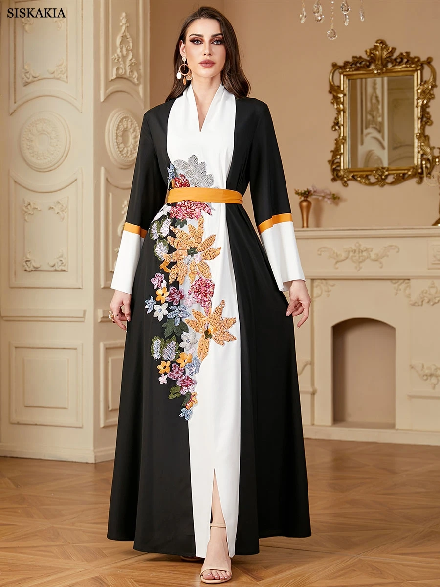 Siskakia Ramadan Dubai Sequins Patchwork Abaya Panel Sleeve Kaftan With Sashes Muslim Woman Costume Elegant Loose Dresses
