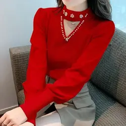 Autumn Winter Hollow Out Embroidered Flares Solid Color Pullover Long Sleeve Women's Clothing Sweater Knitted Casual Tops
