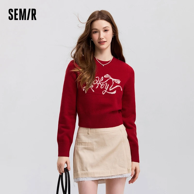 Semir Sweater Women Short Style with Bowknot Girly 2025 New Spring Sweet Round-neck Square-shoulder Pullover Sweater Slimming