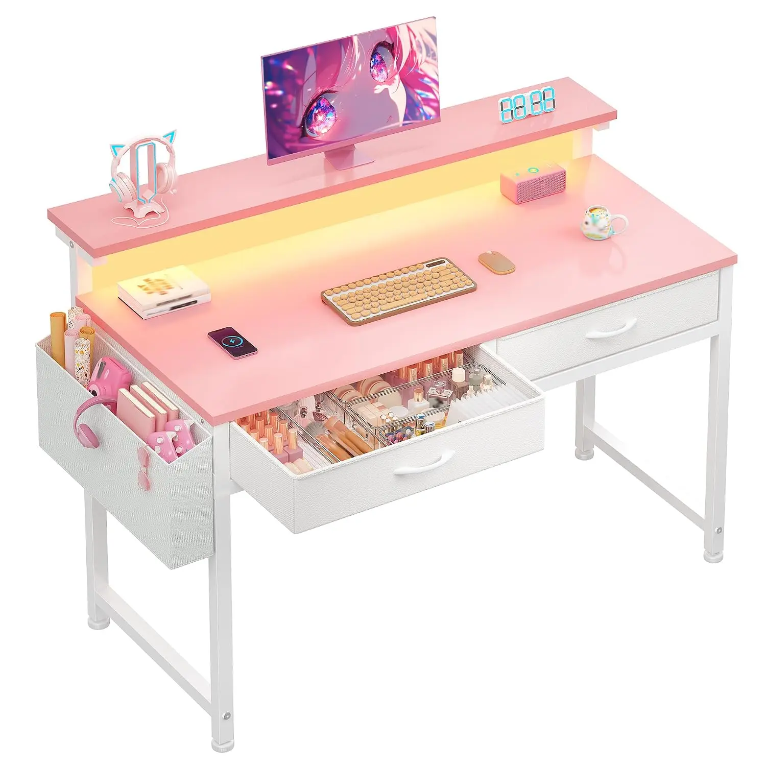 Pink Desk LED Lights&Fabric Drawers,Gaming Desk Monitor Stand&Side Pocket,Metal Frame Anti-Tip Teen Small Space, Customized