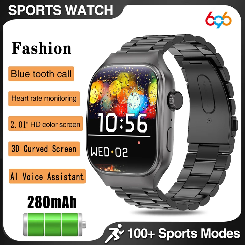 

100+Sports Modes Outdoor Men 2.01" Screen Blue Tooth Call Smart Watch Heart Rate Health Voice Assistant Smartwatch Waterproof