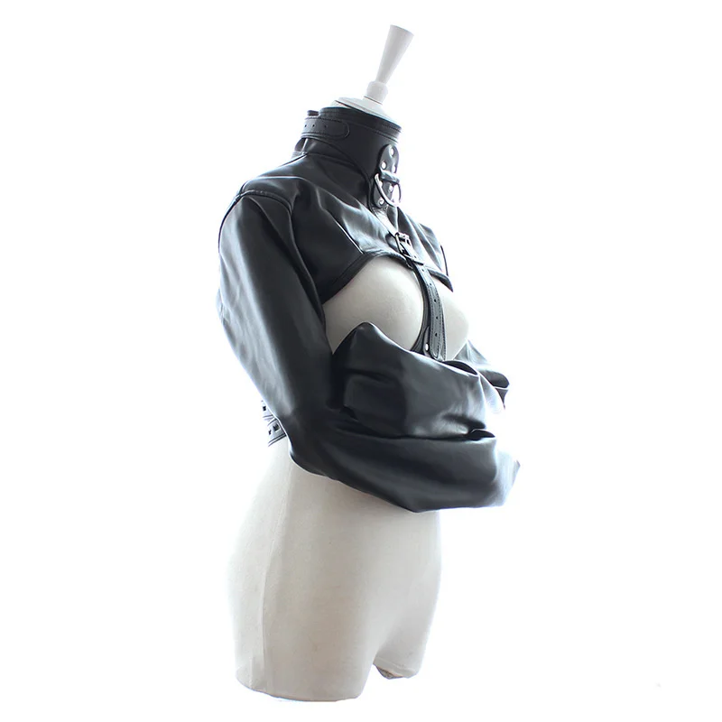 Female BDSM Bondage Breast Exposed PU Leather Straitjacket Restraint Body Harness Jacket Long Sleeves SM Play Flirting Women