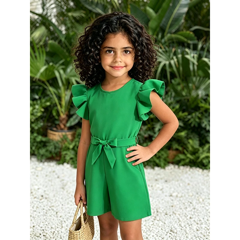 Red Jumpsuits 8-12 Years Girls Jumpsuits Solid Red Ruffled Sleeveless Elegant Modest Style Kids Short Jumpsuits Casual Clothes