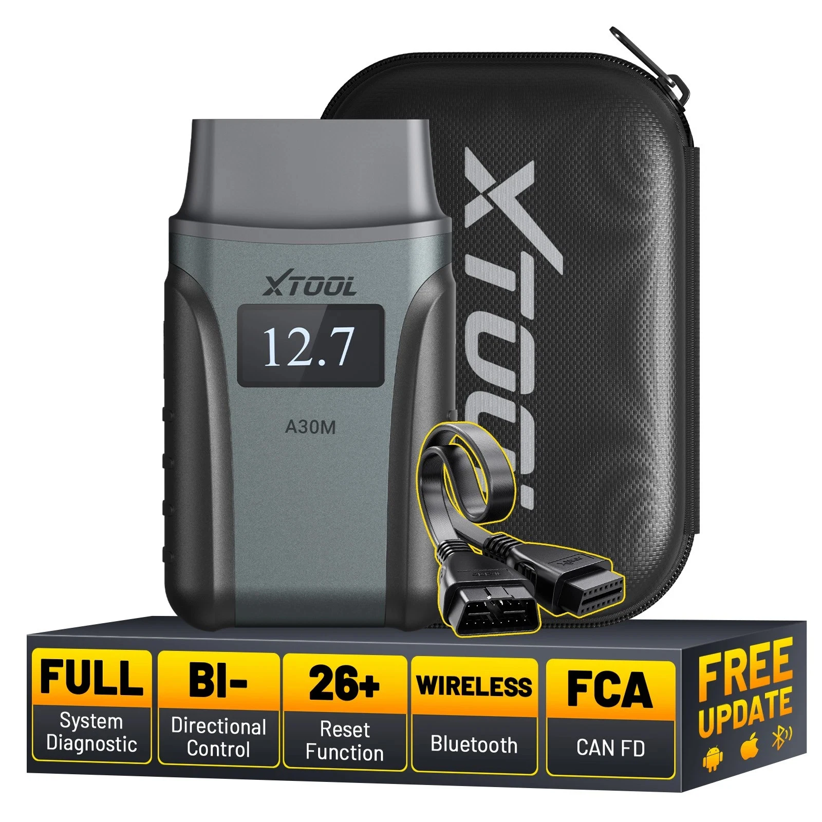 XTOOL A30M KIT Bluetooth Auto-Diagnosewerkzeug Codeleser KI-gestützter Vollsystem-OBD-OBD2-Scanner Autoauth Drahtloser Automobilscanner Bidirektionaler Aktiver Test mit 26+ Reset-Funktionen CAN FD FCA