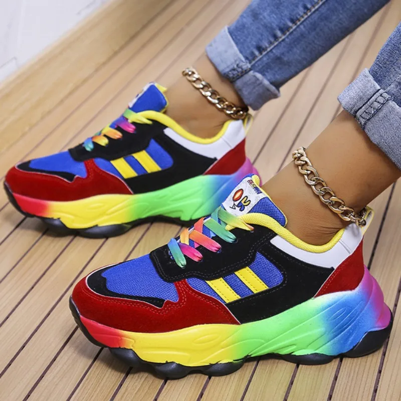 Women's Colorful Sneakers Lightweight Running Shoes Lace Up Casual Shoes Wedges Shoes Non-slip Trainers Big Size43 Unisex Shoe