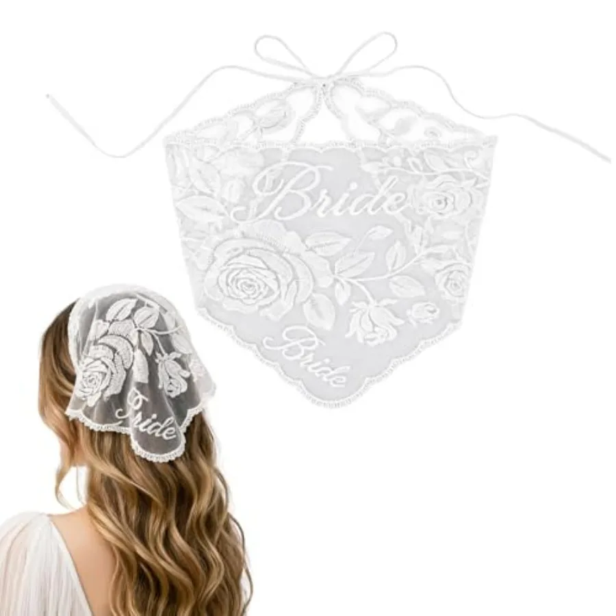 

Bride Headscarf, White Lace Embroidered Tulle Bandana Headwear for Women Wedding Bridal Shower Veil Headband Decorations Bachel